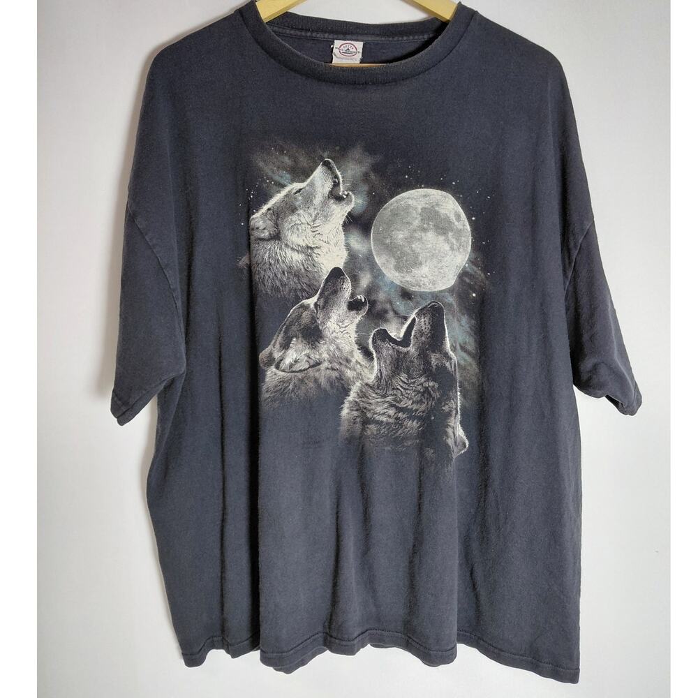 DELTA PRO WEIGHT Moon Wolf Graphic Print T-Shirt Black Knit Men Size 2XL